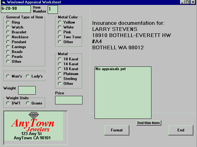 WinJewel Appraisal Screen