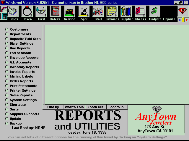 WinJewel Reports Screen